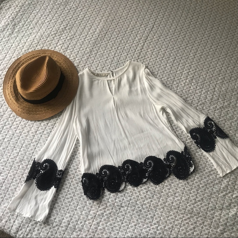 Zara white blouse with black lace detail
